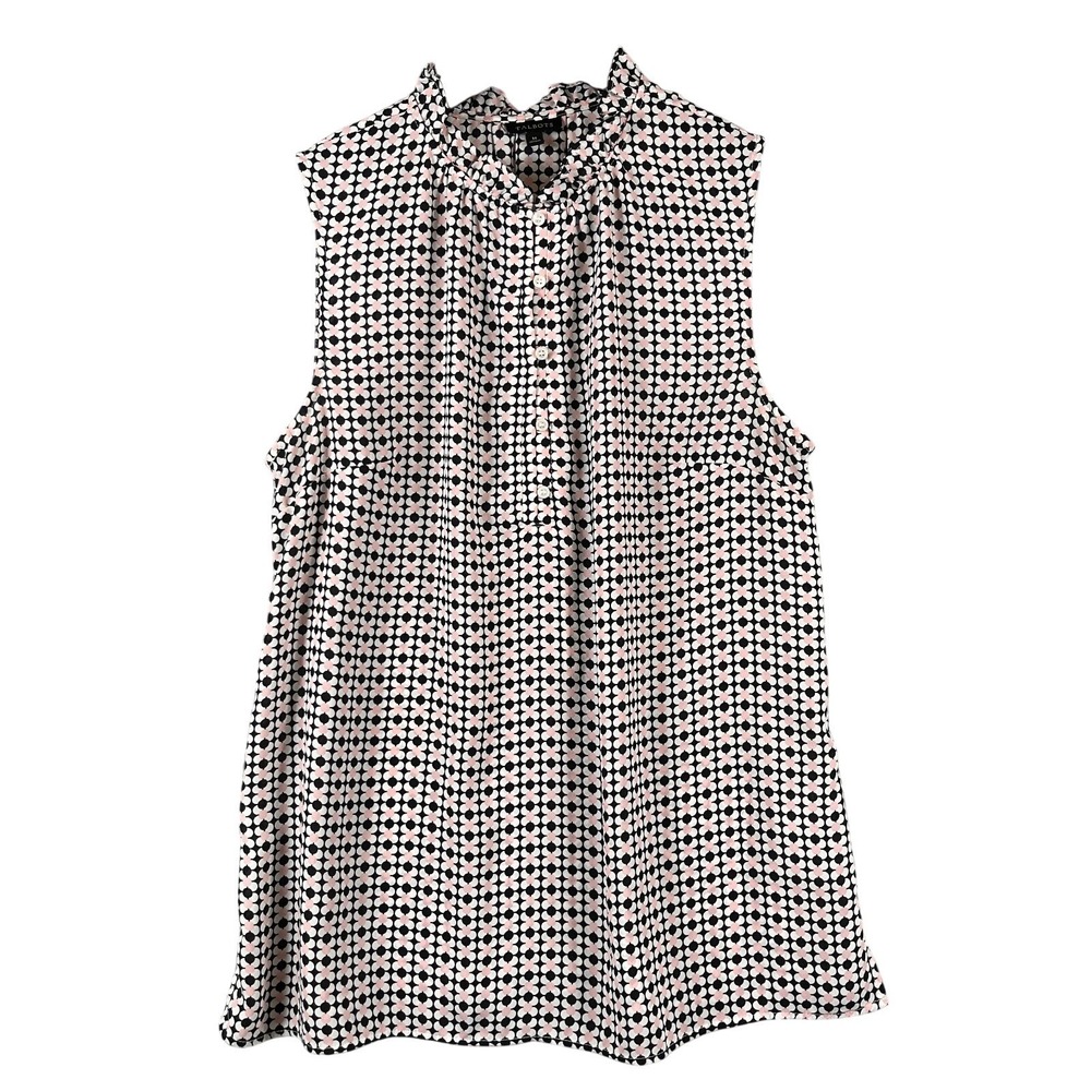 Talbots Womens M Sleeveless Blouse Popover Button Front Pink Blue Geometric